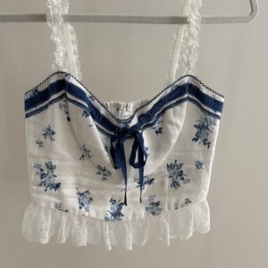 Reformation Blue and White Floral Camisole with Lace